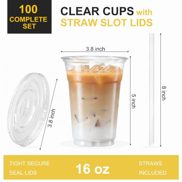 VITEVER [100 Sets - 16oz] Clear Plastic Cups with Lids and Straws, Disposable Iced Coffee Cups for Smoothie, Milkshake, Cold Drinks - BPA free