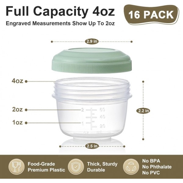 VITEVER [16 Pack] 4 oz Small Containers with Lids, Reusable Plastic Jars for Snack and Puree, Salad Dressing Container to Go, Deli Containers, Freezer Baby Food Containers, Dishwasher Safe, BPA Free