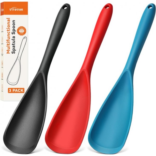 3 PACK Silicone Cooking Spatula & Spoon for Nonstick Cookware, BPA-Free | Multifunction Spoonula for Baking, Cooking, Serving, Mixing, Stirring, Scoop, Scrape - One-Piece Formed, Dishwasher Safe