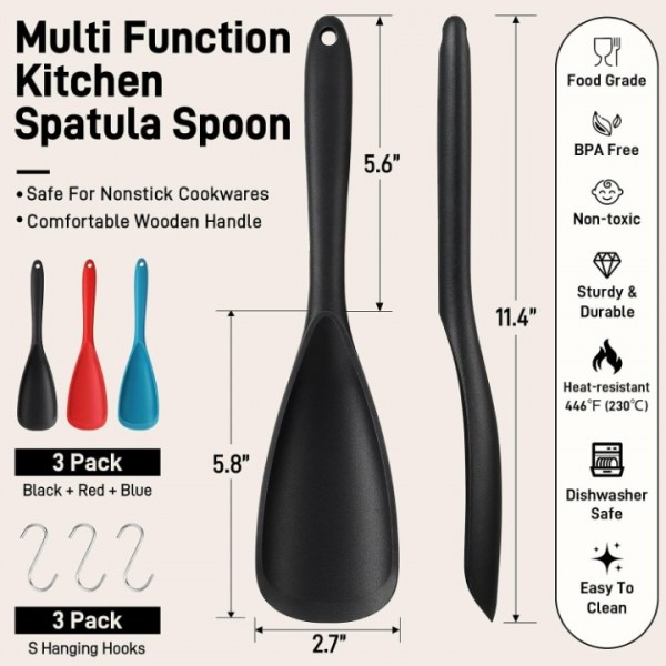 3 PACK Silicone Cooking Spatula & Spoon for Nonstick Cookware, BPA-Free | Multifunction Spoonula for Baking, Cooking, Serving, Mixing, Stirring, Scoop, Scrape - One-Piece Formed, Dishwasher Safe